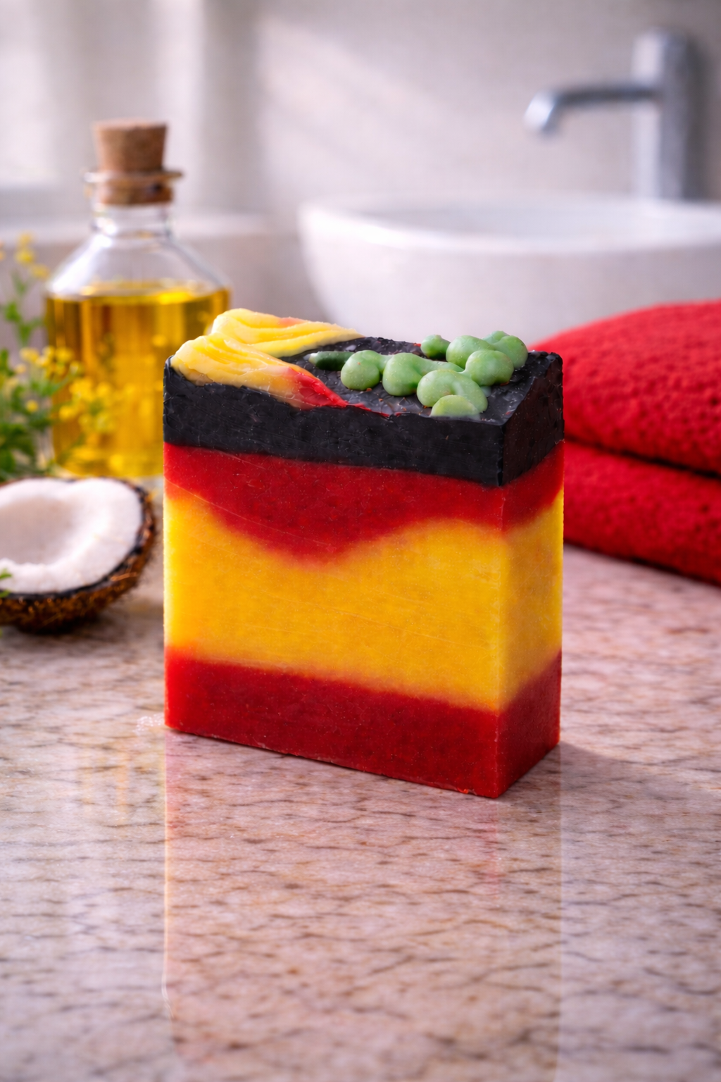 Colorful layered soap on a bathroom counter with a sink and towel in the background.