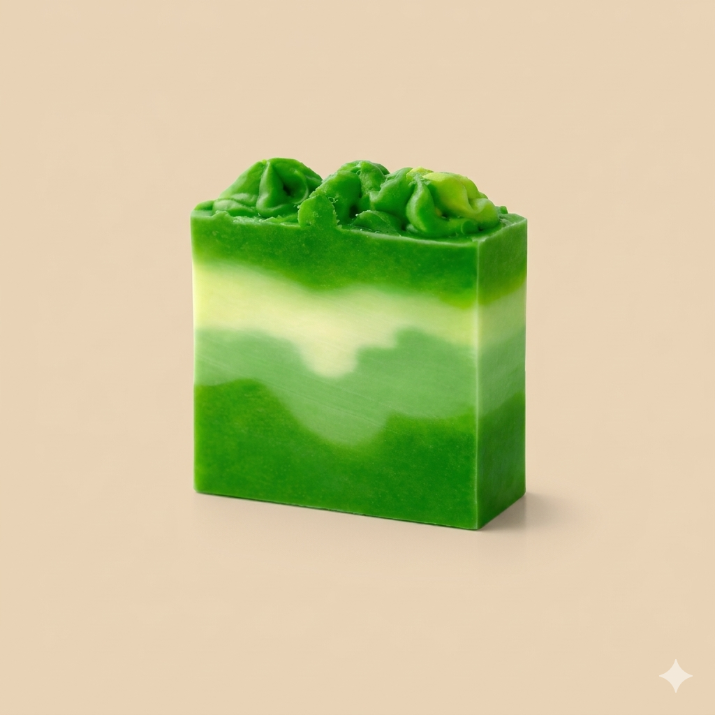 Green soap bar with a textured top on a beige background