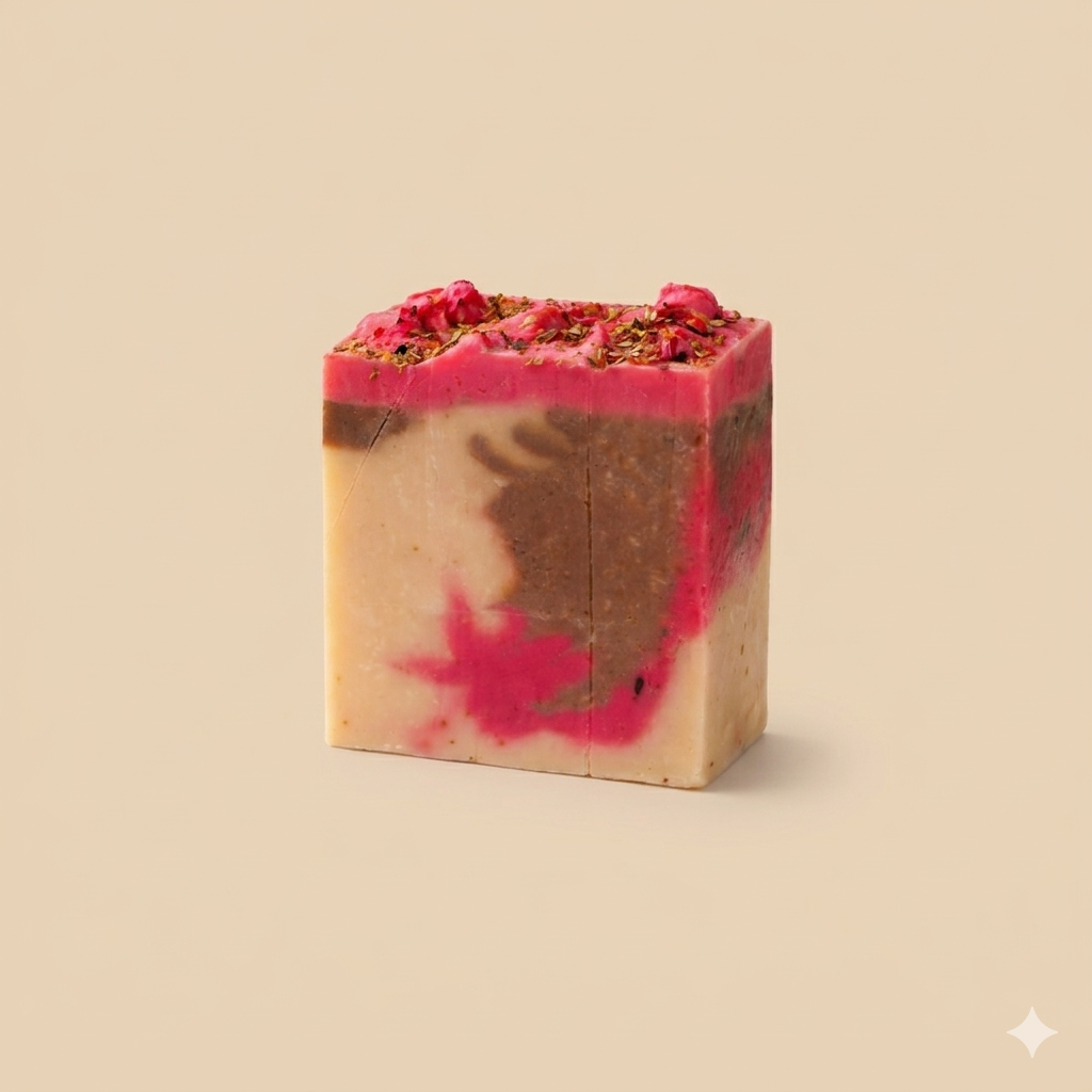 Square bar of soap with pink and brown layers on a beige background