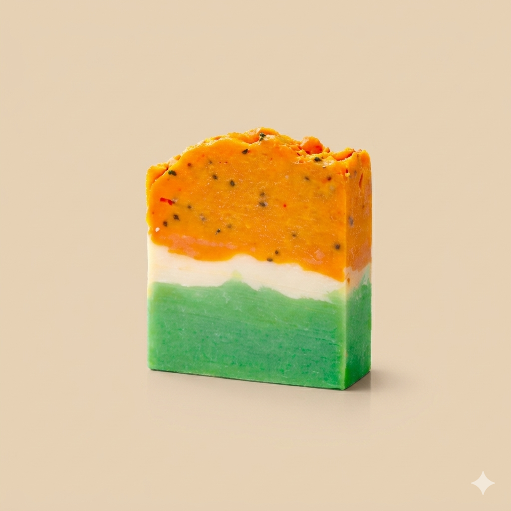 Three-layered soap bar with orange, white, and green colors on a beige background