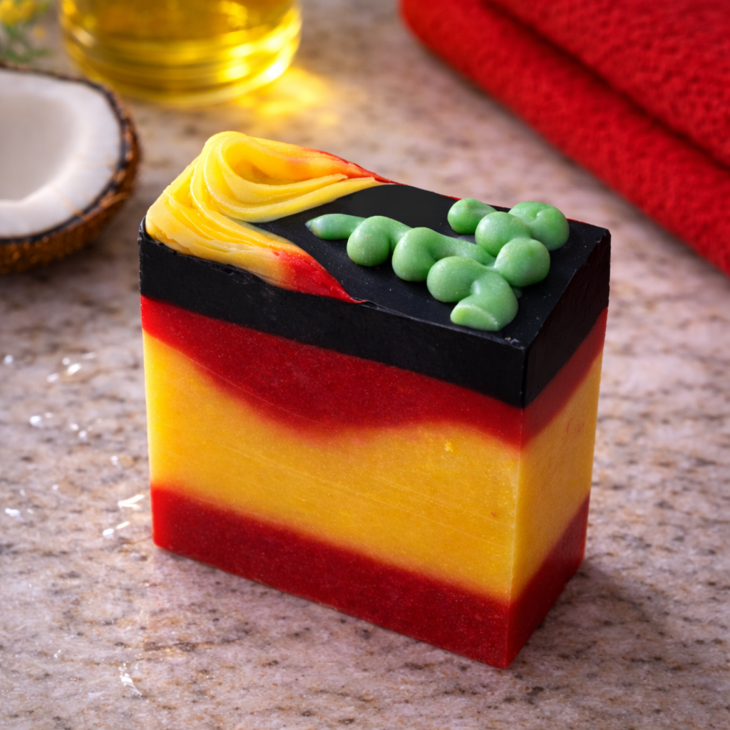 Colorful layered soap with green beads on a textured surface