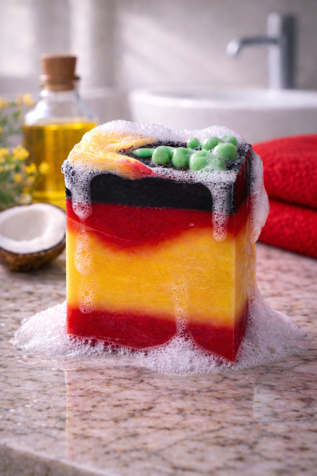 Colorful layered soap with green beads on a marble surface