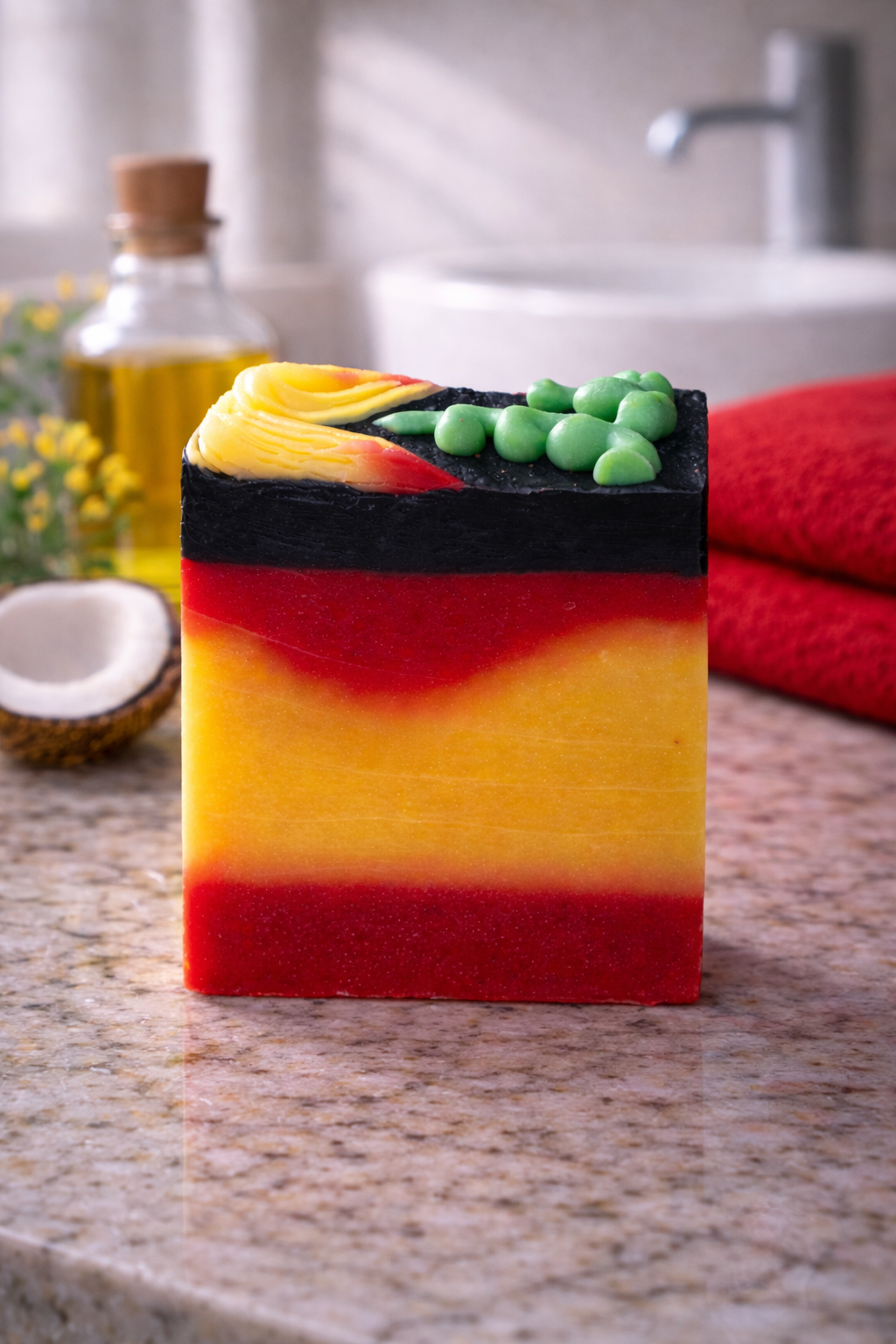 Colorful layered soap on a kitchen counter with a sink and towel in the background.