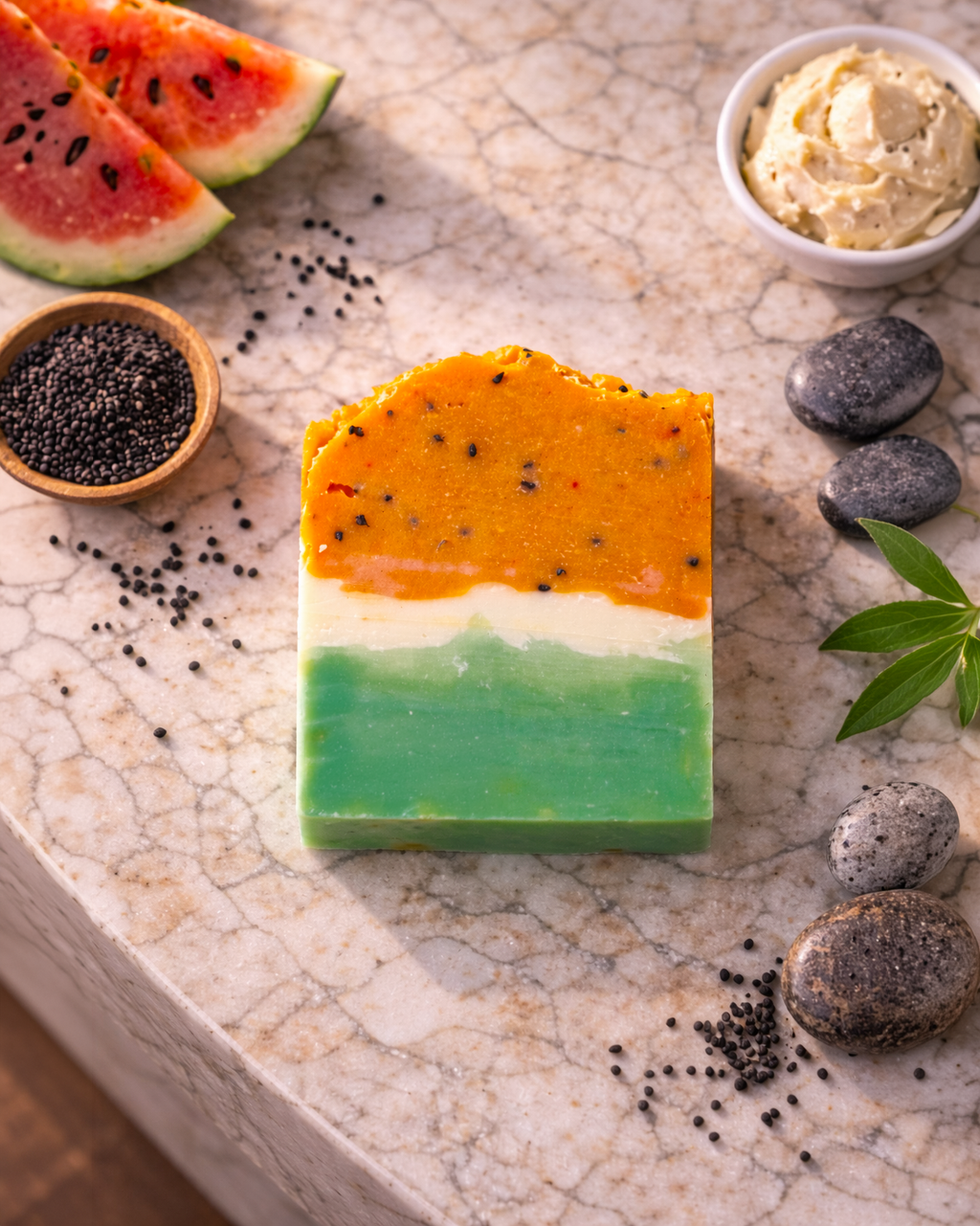 Three-layered soap bar with watermelon slices, black caviar, and a small bowl of cream on a marble surface.