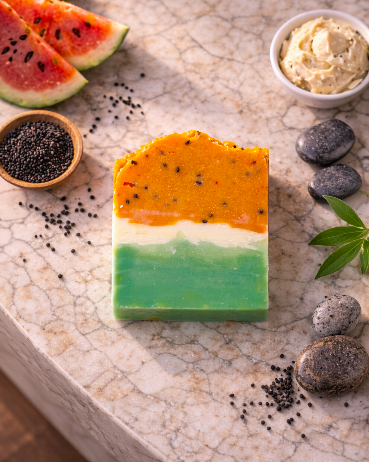 Three-layered soap bar with watermelon slices, black caviar, and a small bowl of cream on a marble surface.