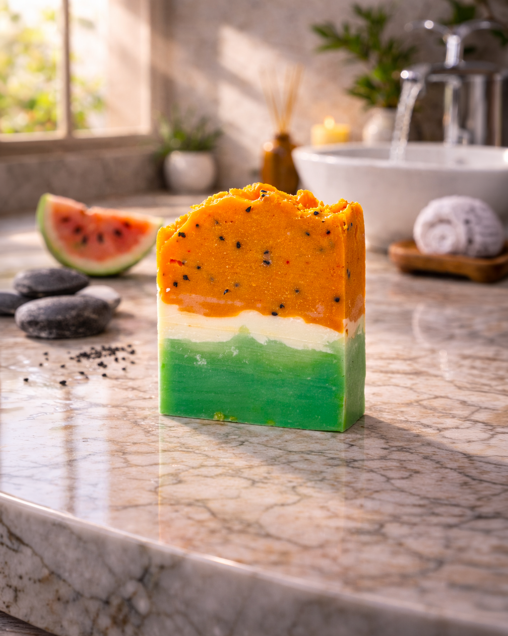 Colorful layered soap on a marble surface with a blurred bathroom background