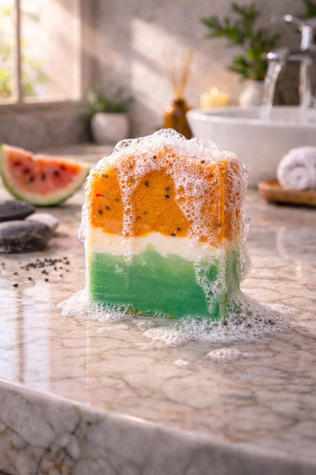 Colorful layered soap with watermelon slices and a blurred bathroom background